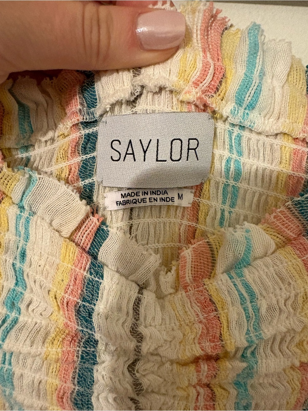 SAYLOR Dollie Mini Dress Striped Smocked Gauze Multicolor Feminine Luxury M - Picture 6 of 8